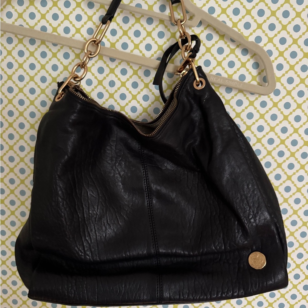 Vince Camuto Black Leather Shoulder Bag with Gold Accents